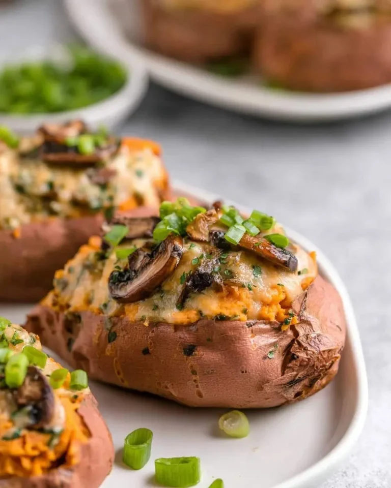 Close-up of a perfectly baked mushroom stuffed sweet potato topped with melted cheese and fresh green onions on a white plate.