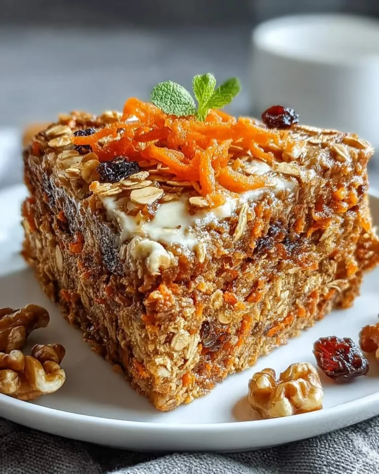 A delicious slice of Oatmeal Carrot Cake Recipe, garnished with shredded carrots, oats, raisins, and a cream cheese swirl, served on a white plate with walnuts.