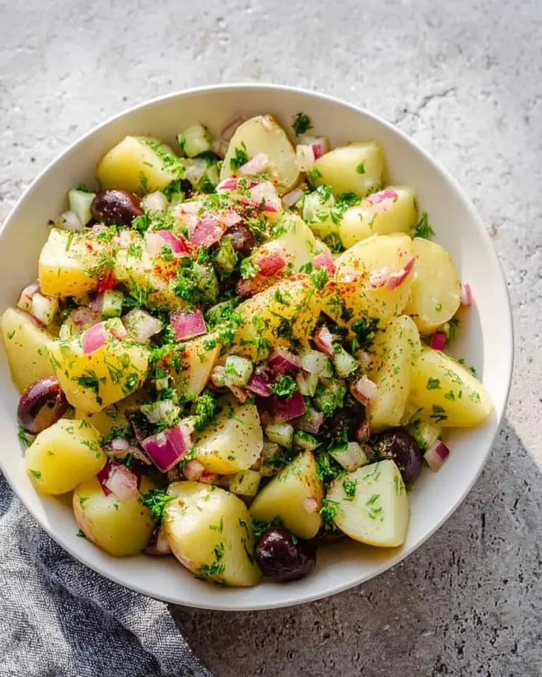 A fresh Olive Greek Potato Salad in a white bowl, featuring golden potatoes, red onions, black olives, and parsley, sprinkled with paprika.