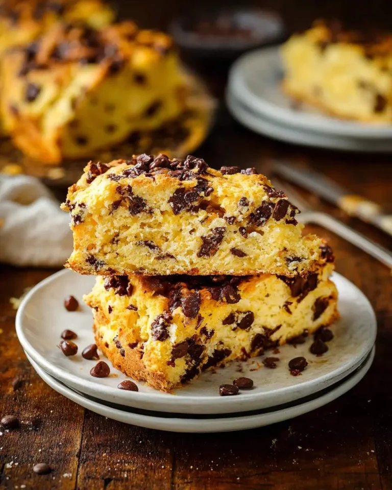 A stack of two golden, crumbly slices of Orange Chocolate Chip Scone Bread, laden with dark chocolate chips, on white plates.