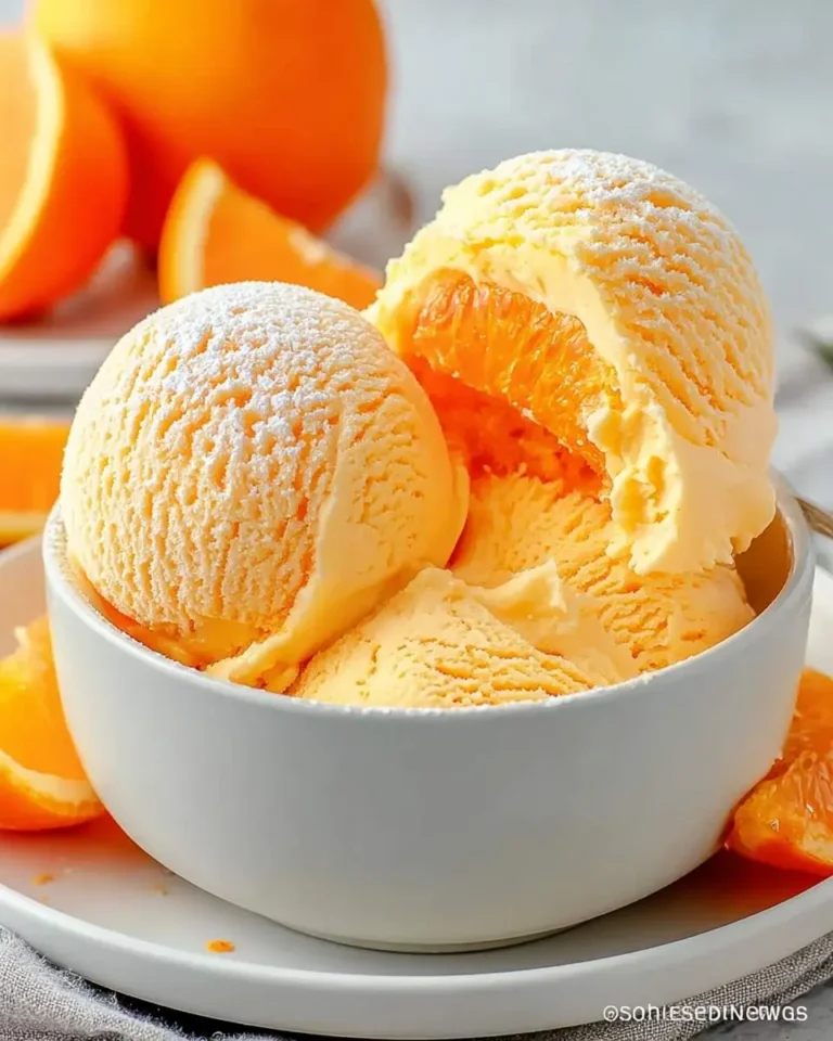 A white bowl filled with scoops of creamy Orange Creamsicle Ice Cream, garnished with fresh orange slices and dusted with powdered sugar.