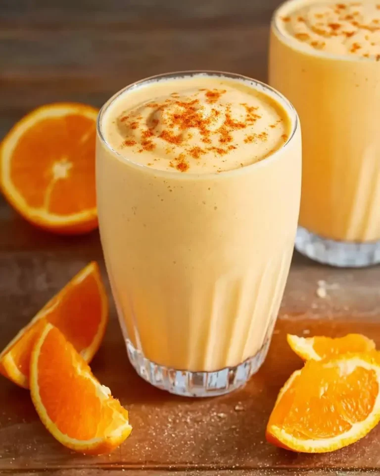A close-up of two creamy Orange Creamsicle Smoothies with spice sprinkles, surrounded by fresh orange slices on a wooden table.