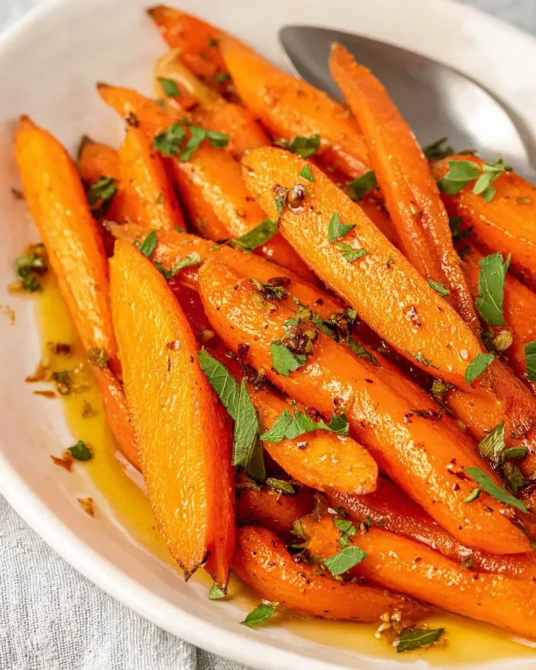 A close-up view of a serving dish filled with glistening Orange Honey Glazed Carrots, garnished with fresh herbs.