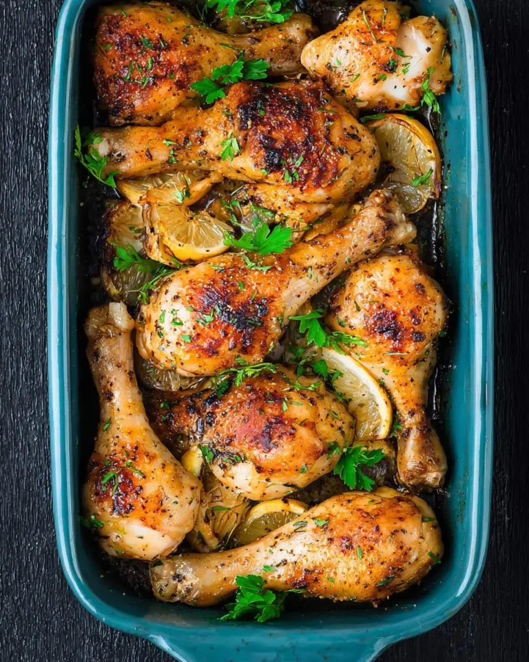 Delicious oven roasted chicken drumsticks, golden brown and garnished with fresh parsley and lemon slices in a teal baking dish.