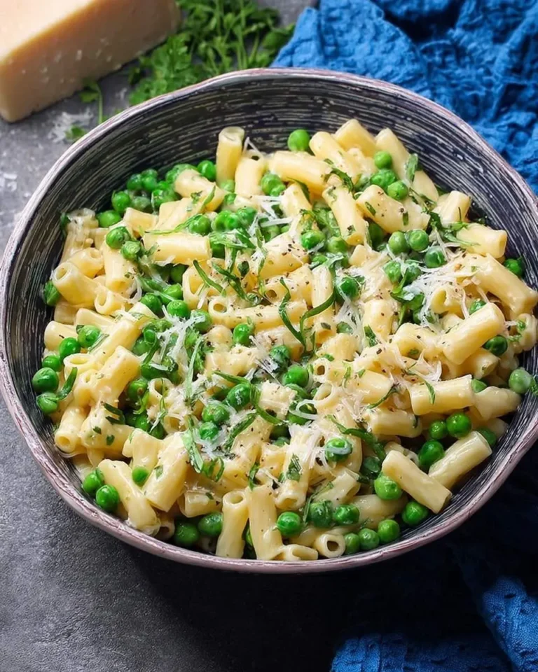 A creamy and fresh Pasta and Peas Recipe in a dark bowl, garnished with grated Parmesan cheese and green herbs, ready to be enjoyed.