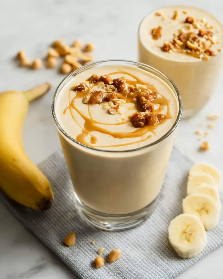 Two glasses of creamy Peanut Butter Banana Smoothie, garnished with caramel drizzle and chopped peanuts, on a marble surface.