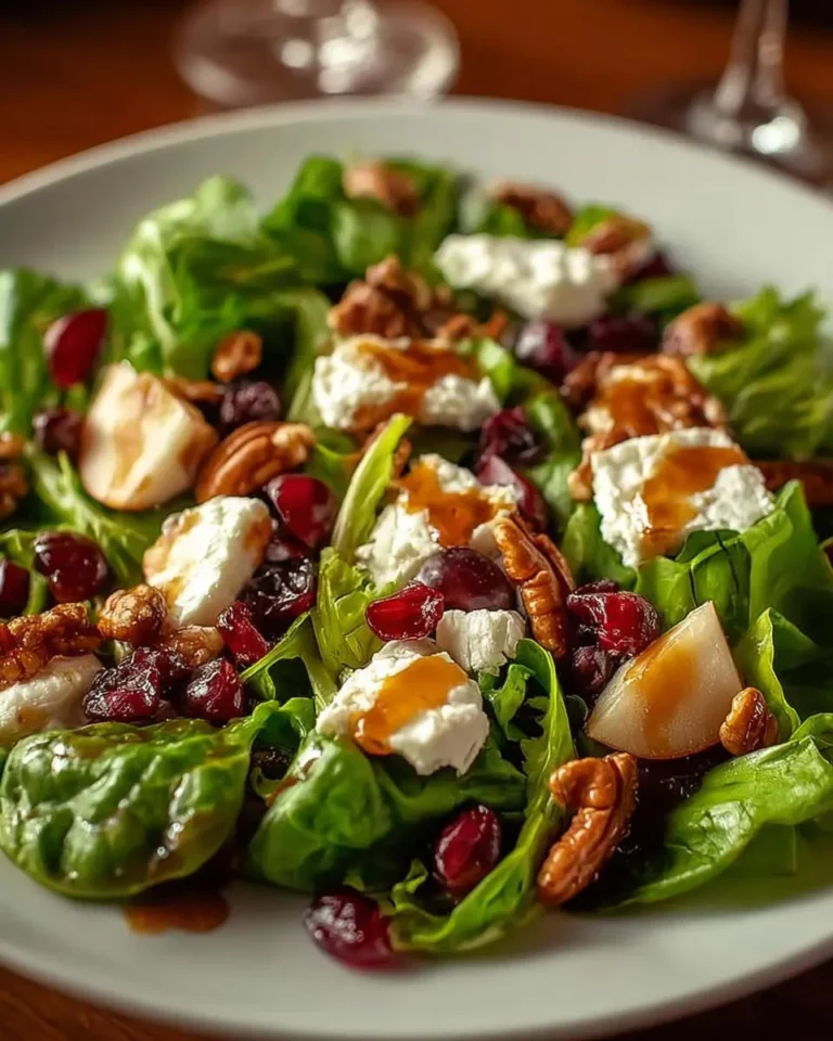 A vibrant Pear and Goat Cheese Salad featuring crisp greens, creamy goat cheese, crunchy pecans, dried cranberries, and a golden drizzle.