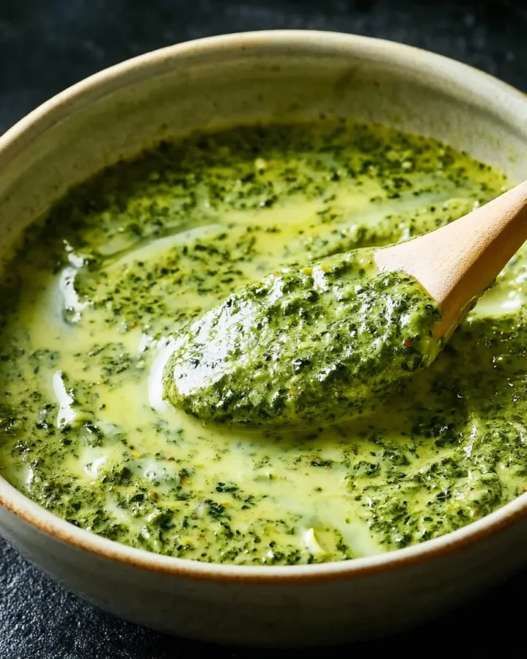 A wooden spoon dips into a bowl of vibrant green Pesto Cream Sauce, showing its creamy texture and herb flecks.
