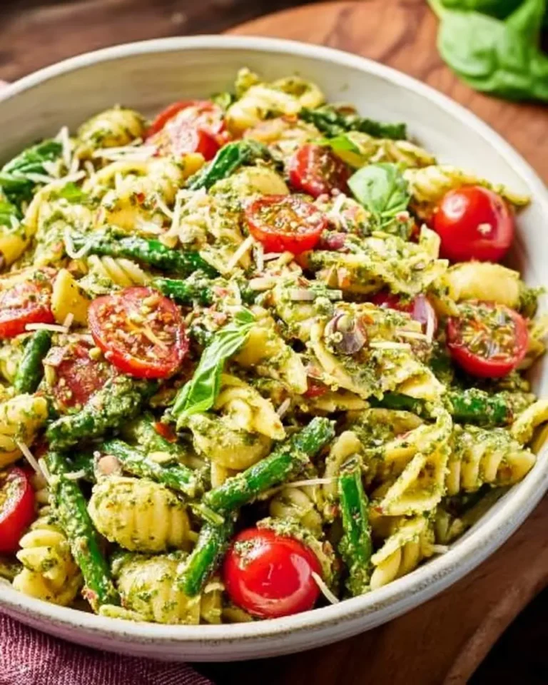 A large bowl of vibrant Pesto Pasta Salad featuring pasta, halved cherry tomatoes, green beans, fresh basil, and grated cheese.