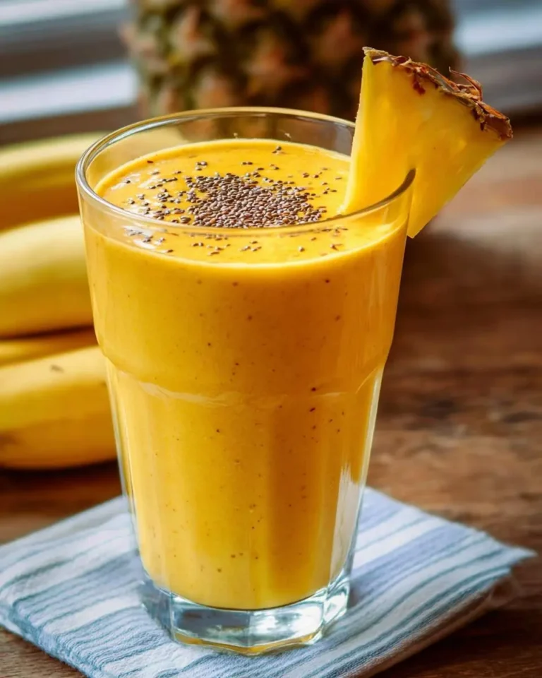 A vibrant yellow Pineapple Banana Turmeric Smoothie in a tall glass, garnished with chia seeds and a pineapple wedge.