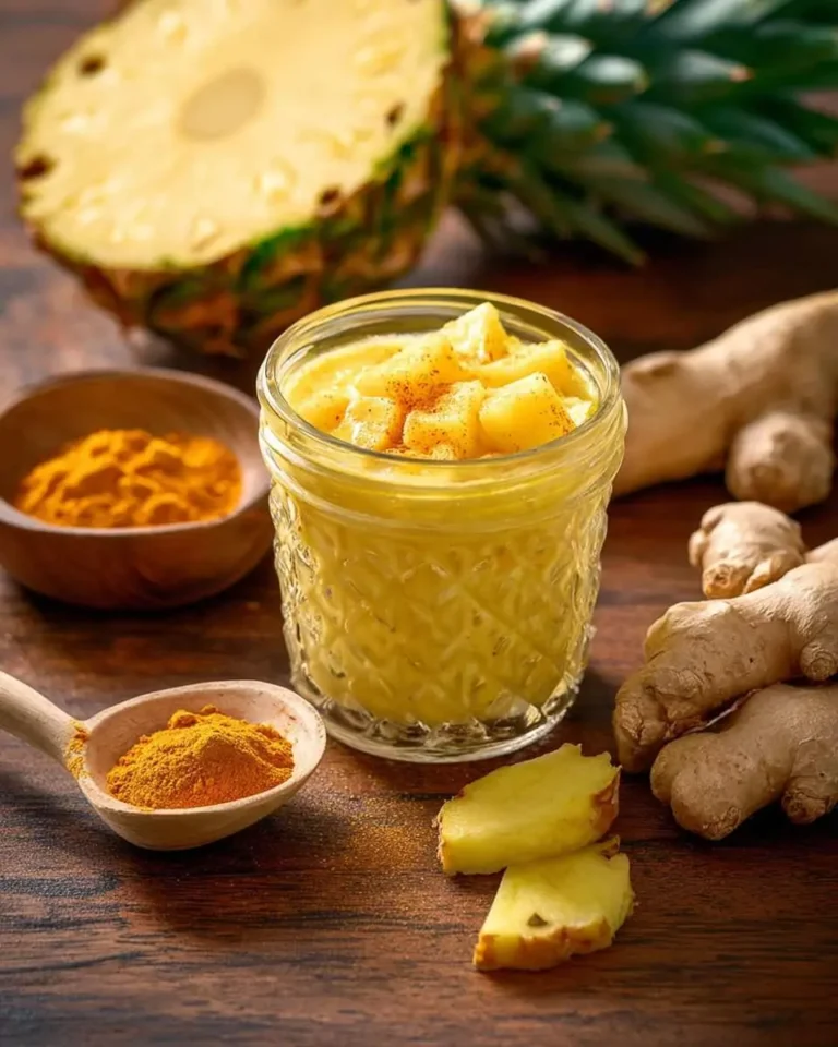 Vibrant Pineapple Ginger Turmeric drink in a jar, with fresh pineapple, ginger roots, and turmeric powder on a wooden table.