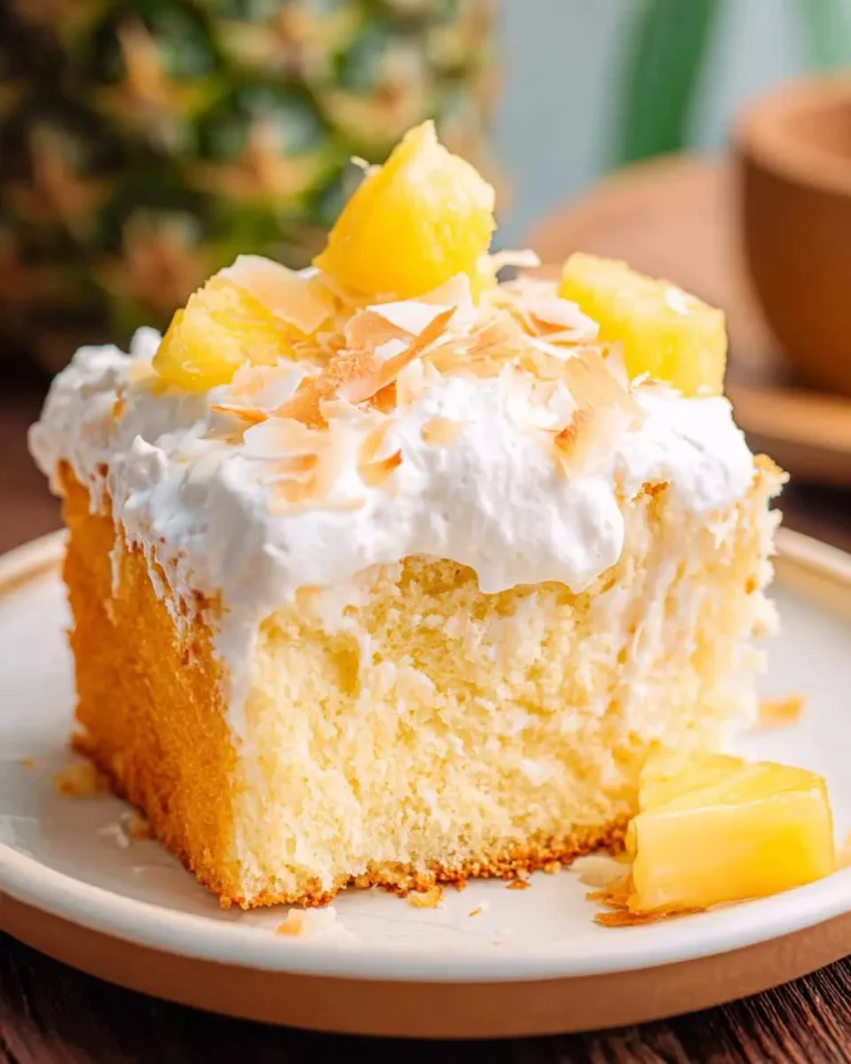 A delicious slice of pineapple poke cake topped with fluffy whipped cream, fresh pineapple chunks, and toasted coconut flakes.