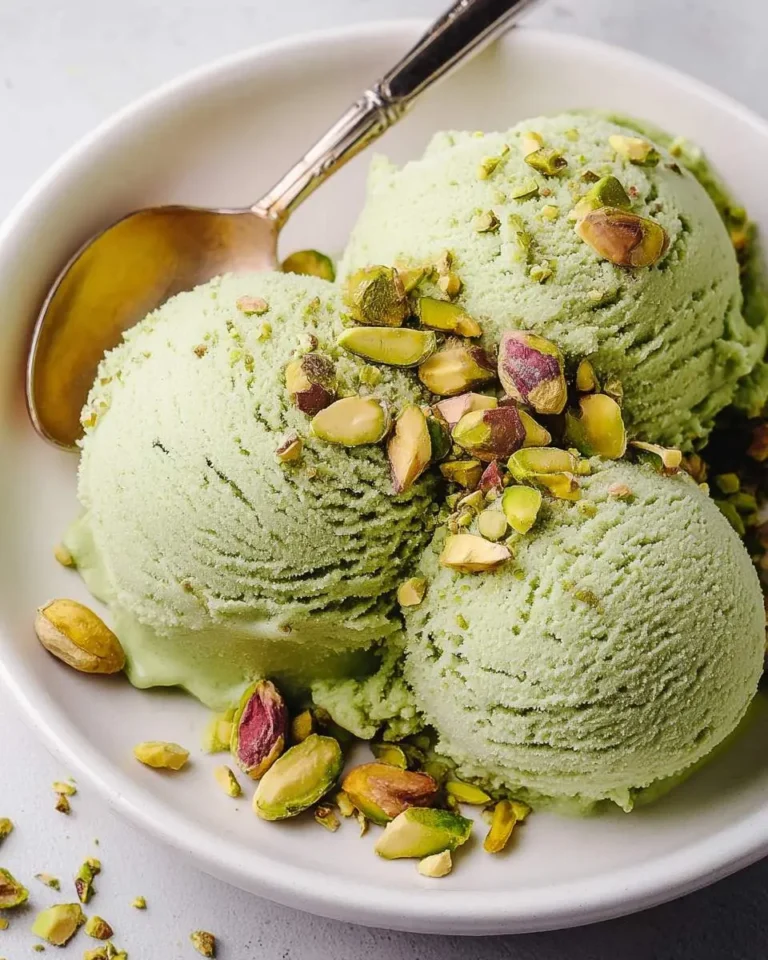 Three scoops of vibrant green Pistachio Ice Cream in a white bowl, generously topped with whole and chopped pistachios, alongside a golden spoon.