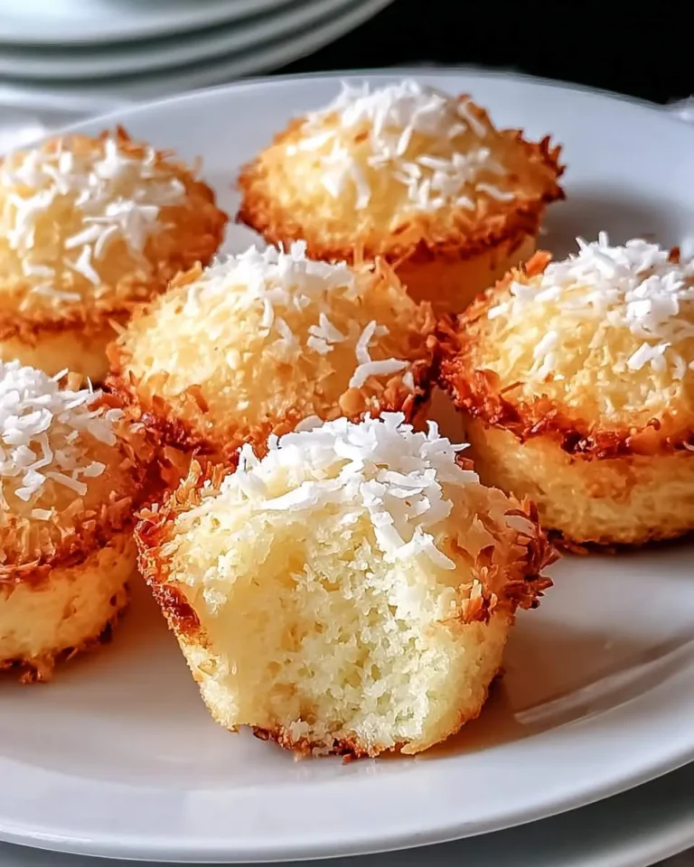 A plate of golden brown Portuguese Coconut Cakes, one with a bite taken out, all generously topped with shredded coconut.