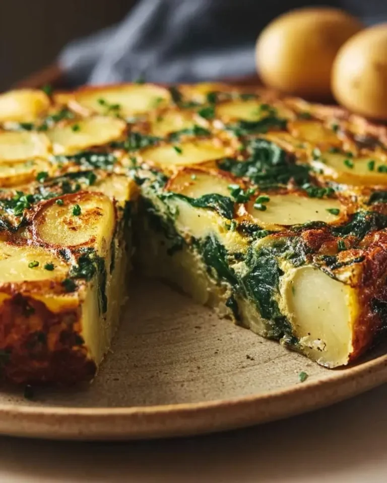 A golden-brown Potato & Spinach Frittata with a wedge cut out, showing layers of cooked potato and vibrant spinach, garnished with fresh herbs.