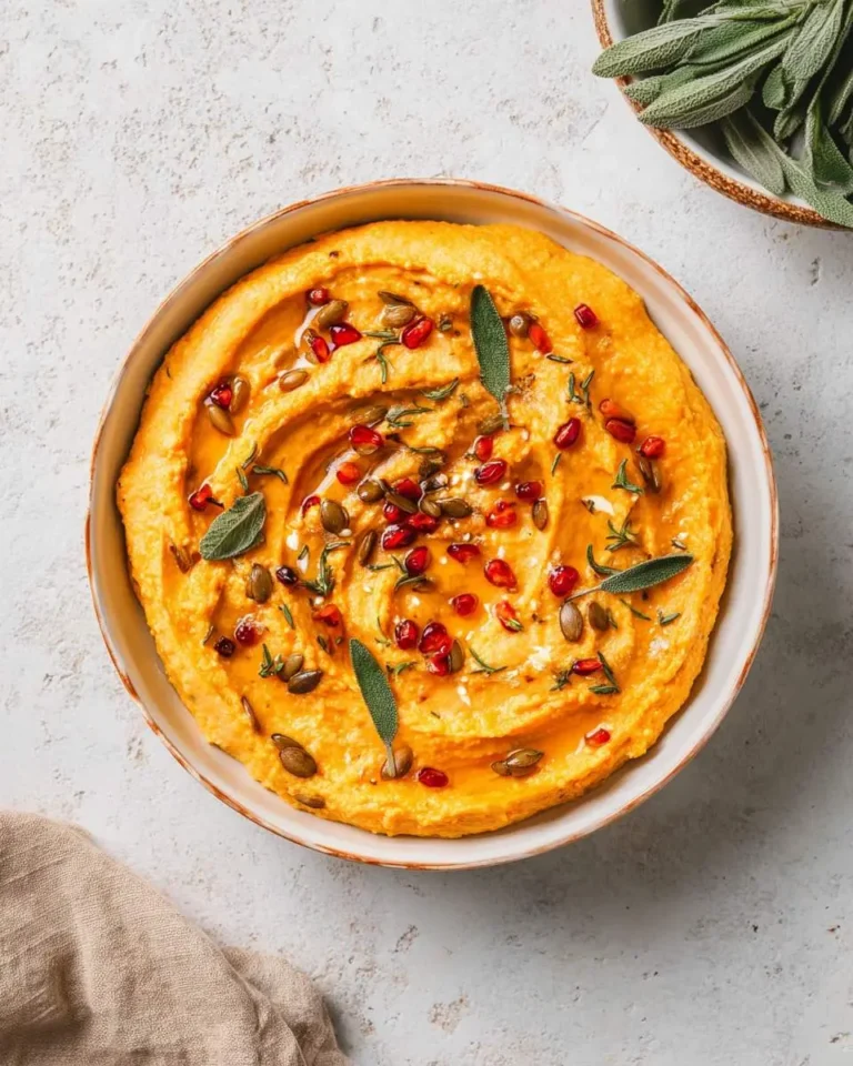 Vibrant pumpkin whipped feta dip in a bowl, topped with pomegranate seeds, pumpkin seeds, sage, and olive oil.