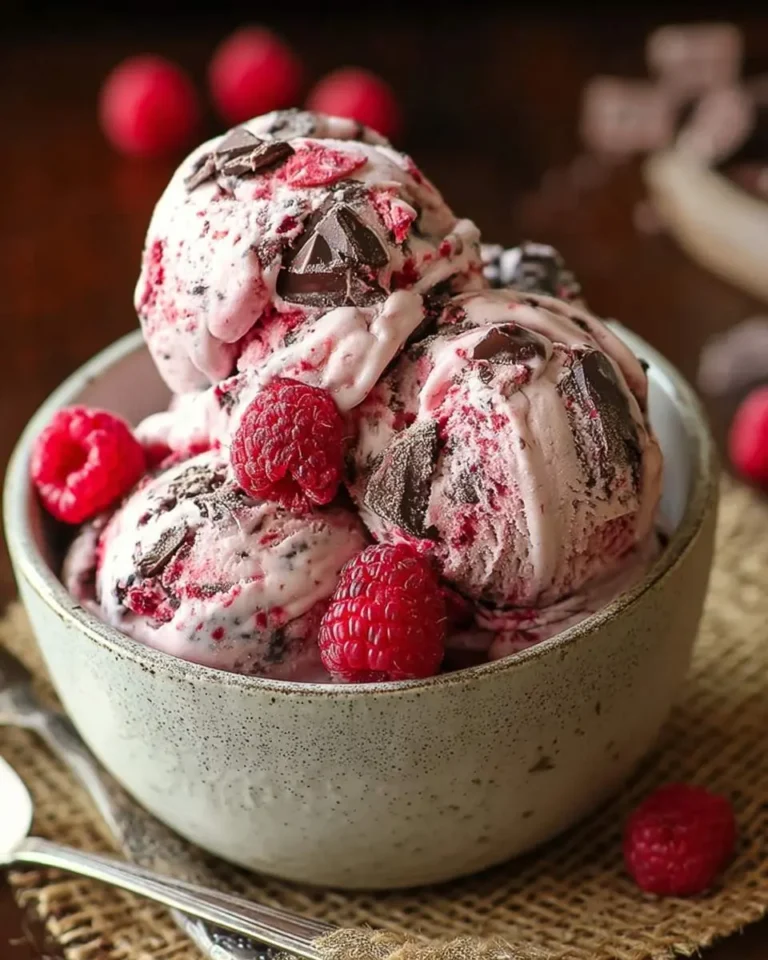 A close-up of a rustic bowl brimming with scoops of creamy Raspberry Chocolate Chunk Ice Cream, garnished with fresh red raspberries.