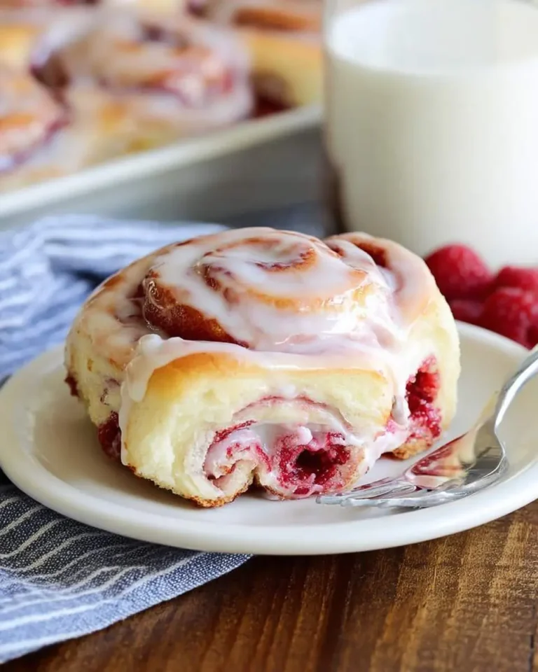 A delightful raspberry cinnamon roll, glazed with white icing, on a plate next to a fork, revealing its vibrant red fruit filling.