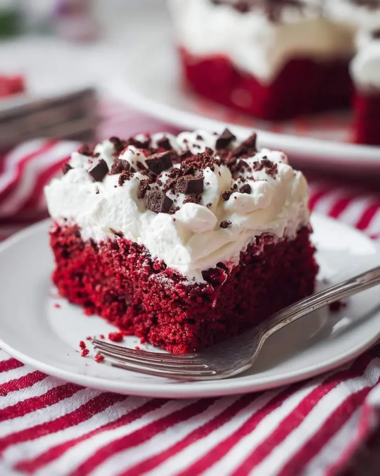 A delicious slice of red velvet poke cake with whipped cream and chocolate crumbles on a white plate with a fork.