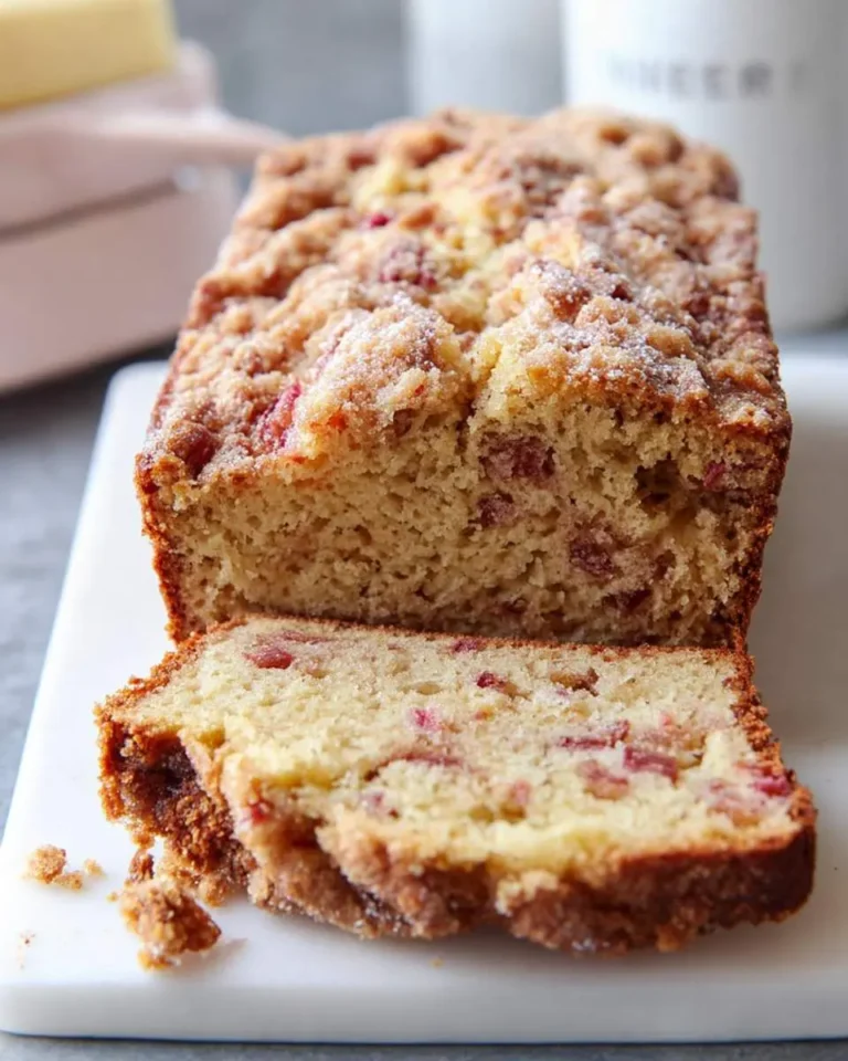 A golden-brown loaf of Rhubarb Bread with a sugary crumb topping, one slice cut, revealing red rhubarb pieces.