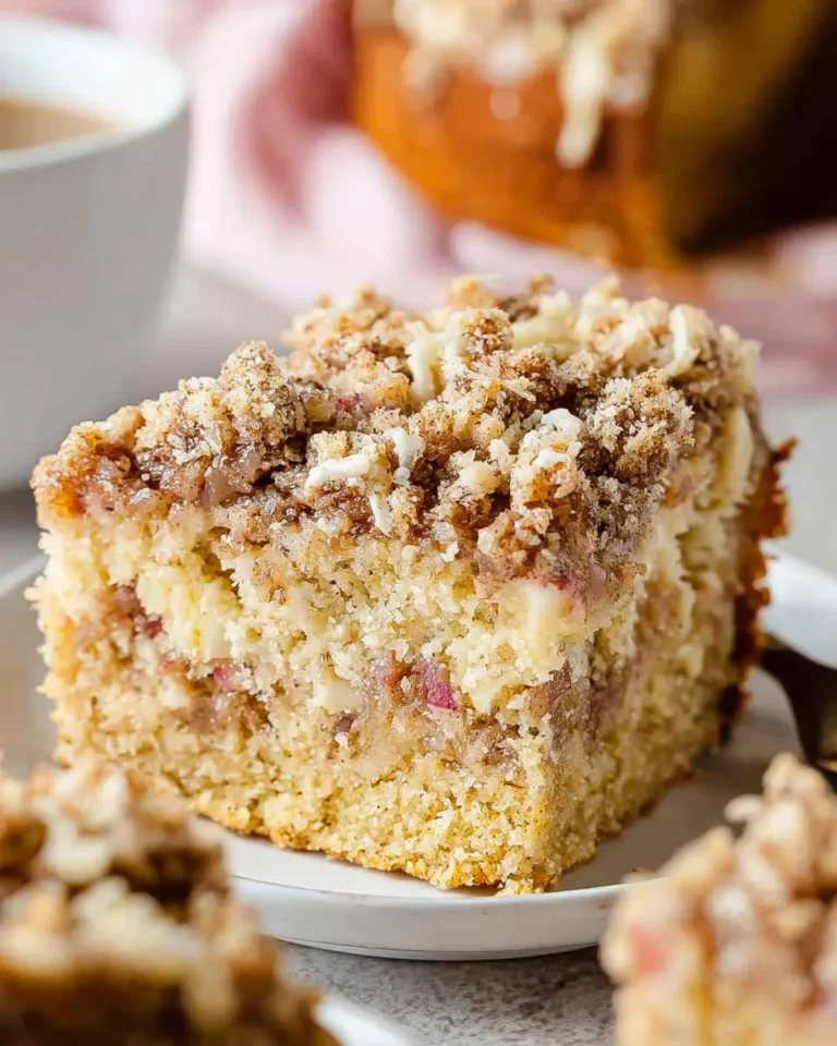 A delicious slice of Rhubarb Coffee Cake with a crunchy streusel topping and visible rhubarb pieces, served on a white plate.