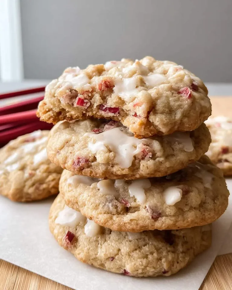 A close-up of a stack of homemade rhubarb cookies, topped with white frosting, with a bite taken out of the top one.