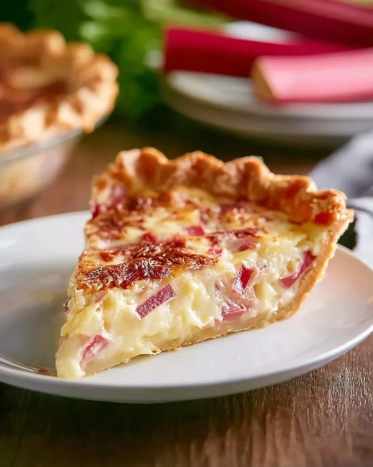 A close-up of a delicious slice of rhubarb custard pie on a white plate, with fresh rhubarb stalks in the blurred background.