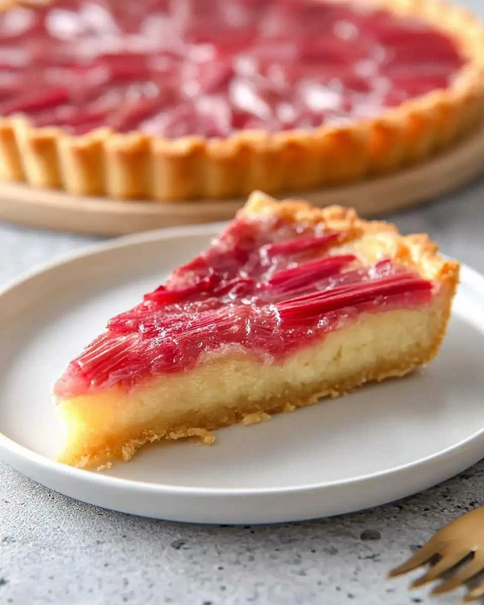 A delicious slice of Rhubarb Custard Tart on a white plate, with the full tart visible and blurred in the background.