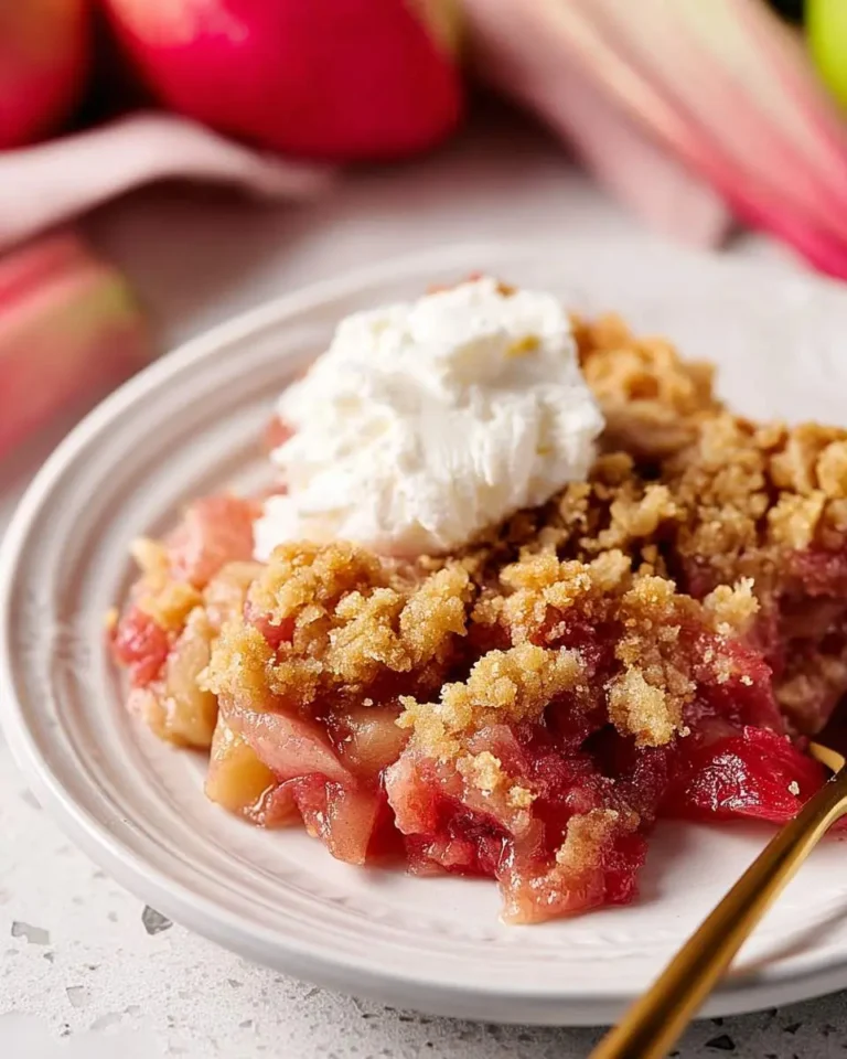 A close-up of a serving of Rhubarb Dump Cake with a golden crumble topping and a dollop of whipped cream on a white plate.