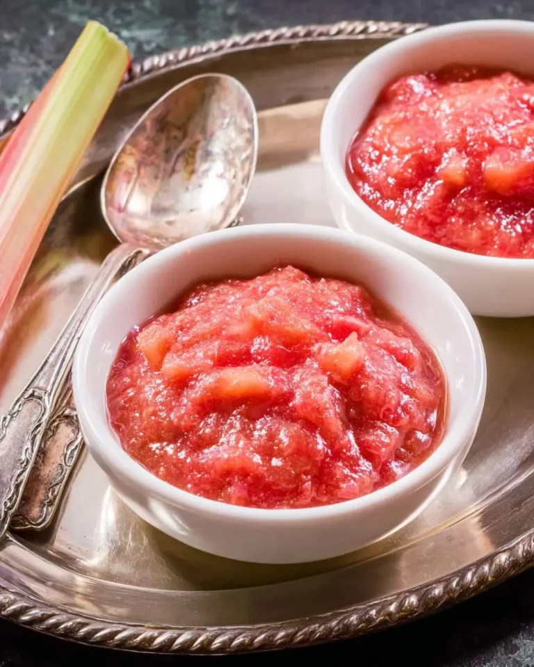 Two white bowls filled with bright pink, chunky rhubarb sauce sit on a silver tray next to a fresh rhubarb stalk and antique spoons.