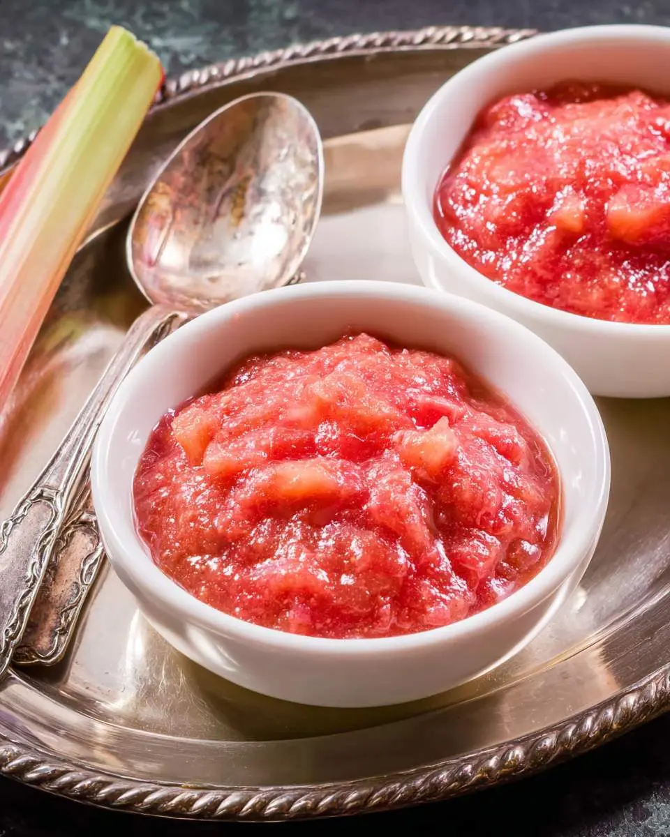 Two white bowls filled with bright pink, chunky rhubarb sauce sit on a silver tray next to a fresh rhubarb stalk and antique spoons.
