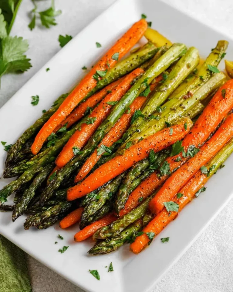 A white platter generously filled with perfectly roasted asparagus and carrots, seasoned with pepper and fresh parsley.