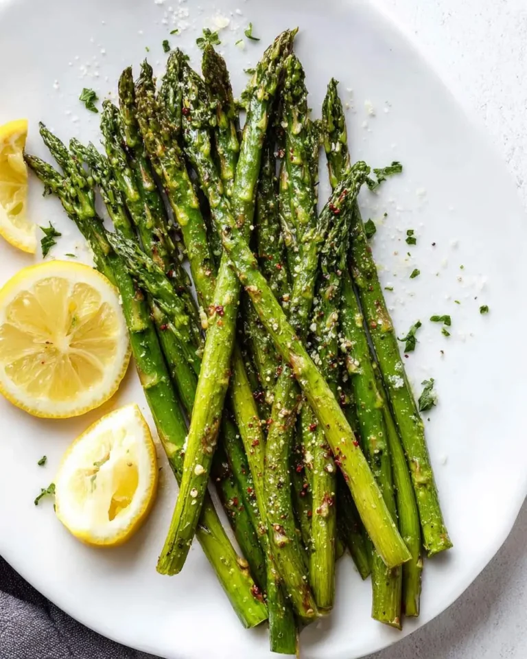 A close-up of perfectly cooked Roasted Asparagus with Lemon, beautifully seasoned with parmesan and herbs on a white plate.