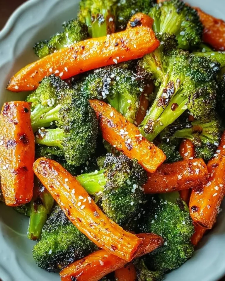 A close-up of a bowl filled with perfectly charred and seasoned roasted broccoli and carrots, sprinkled with sesame seeds.