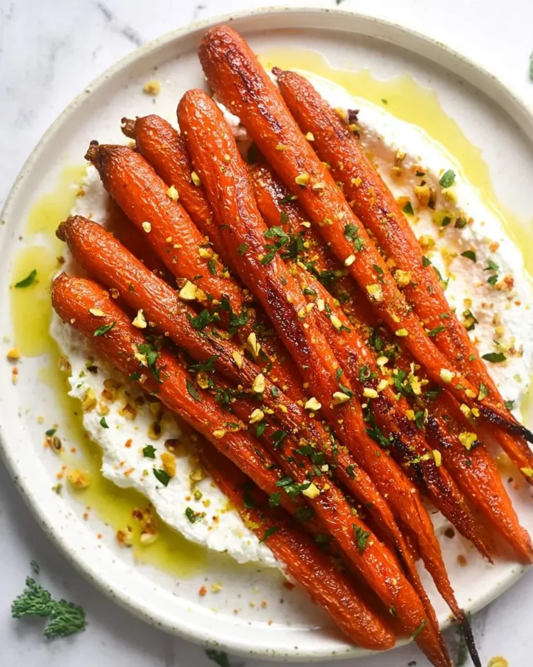 A close-up of vibrant roasted carrots with whipped feta, drizzled with olive oil and garnished with pistachios and fresh parsley.