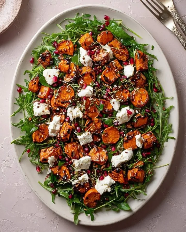 A vibrant Roasted Sweet Potato Goat Cheese Salad on a white platter, garnished with fresh arugula and pomegranate seeds.