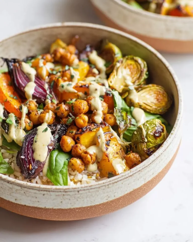 Close-up of vibrant Roasted Veggie Tahini Bowls featuring roasted chickpeas, butternut squash, red onion, Brussels sprouts, and avocado on rice, drizzled with sauce.
