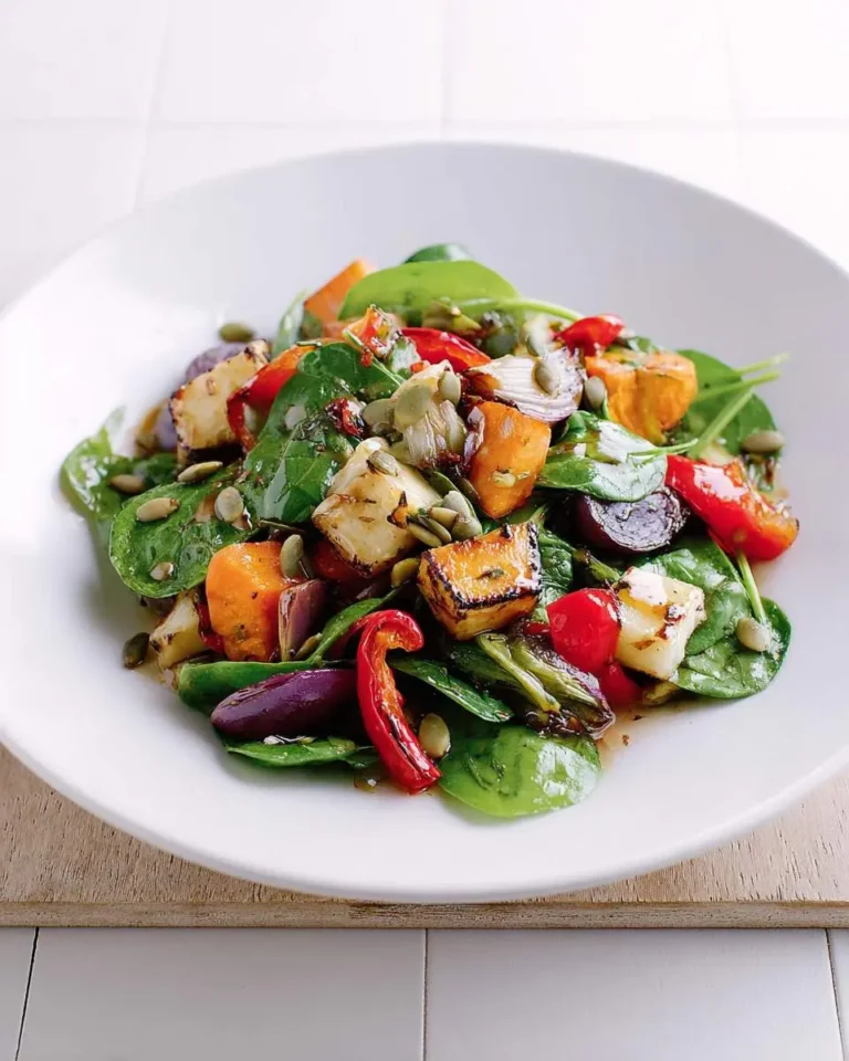 A vibrant roasted veggies salad in a white bowl, featuring spinach, sweet potato, halloumi, peppers, and pumpkin seeds with a dark dressing.