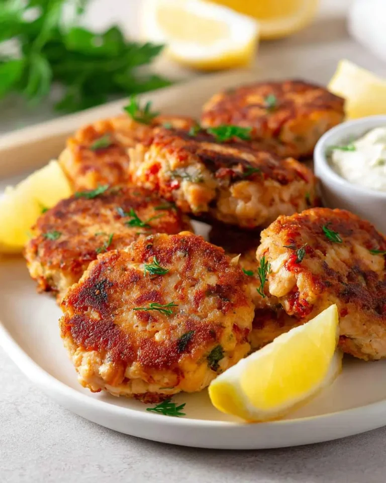 A close-up shot of crispy golden-brown salmon patties served on a white plate with lemon wedges and a side of creamy sauce, garnished with fresh dill.