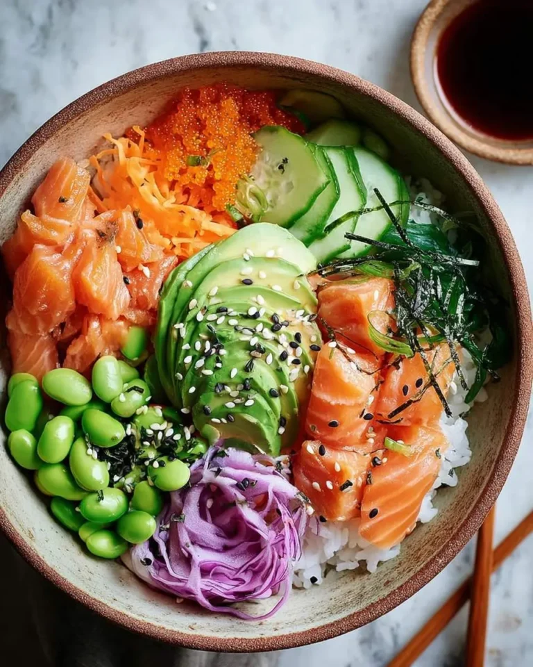 A colorful Salmon Sushi Bowl features fresh salmon sashimi, sliced avocado, green edamame, cucumber, shredded carrots, tobiko, and red onion over white rice.