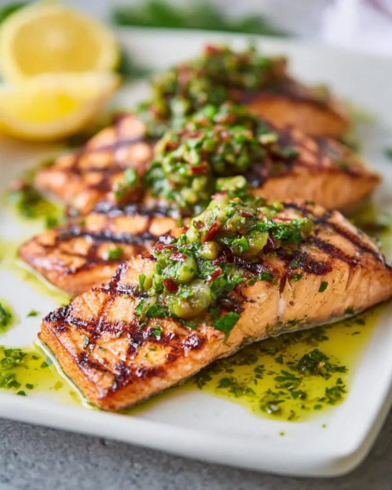 Three perfectly grilled salmon fillets generously topped with vibrant green chimichurri sauce, served on a white plate with lemon wedges.