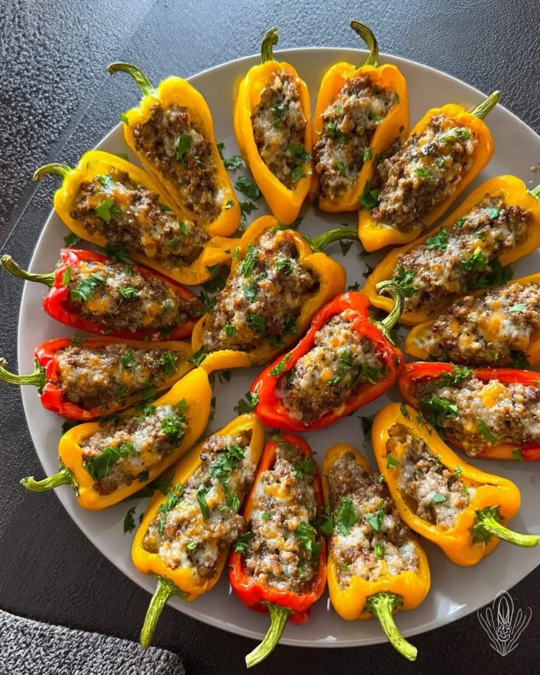 A close-up shot of numerous golden yellow and vibrant red sausage stuffed mini peppers on a white plate, garnished with fresh parsley.