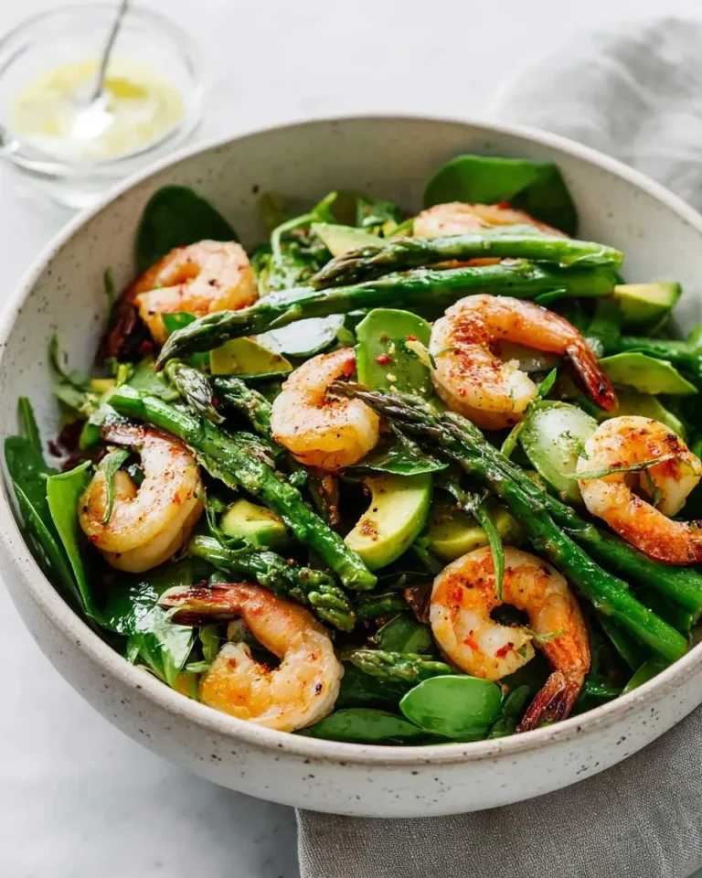 A vibrant Shrimp Asparagus Salad in a white bowl, featuring perfectly cooked shrimp, green asparagus, avocado, and fresh greens.