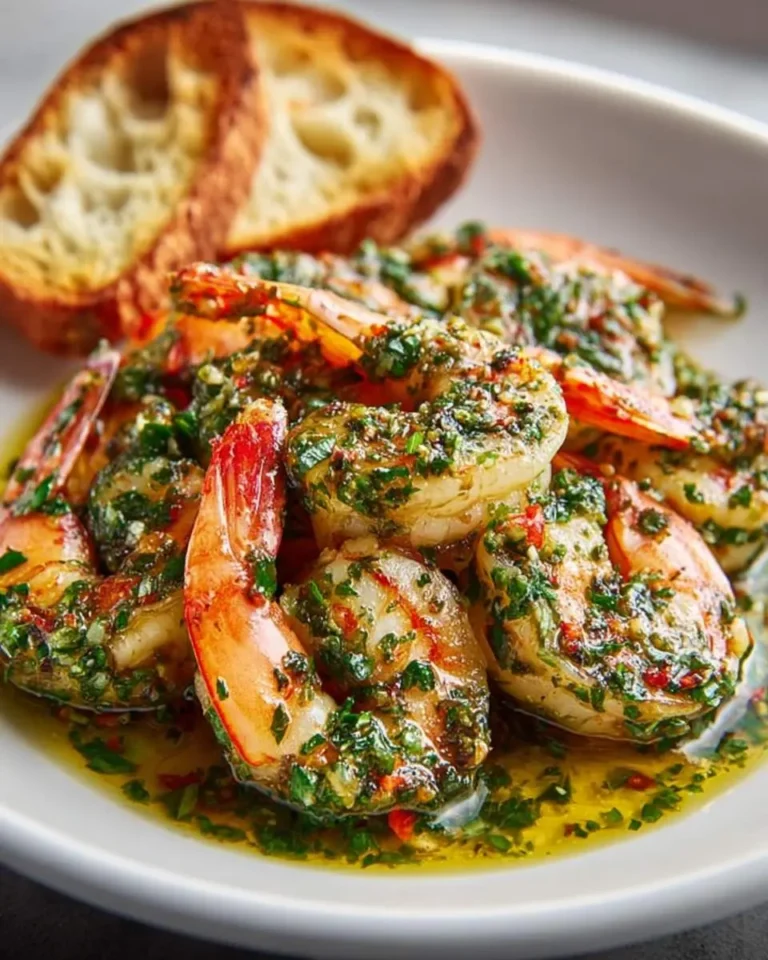A close-up of vibrant shrimp coated in a green chimichurri sauce, served with toasted bread on a white plate.
