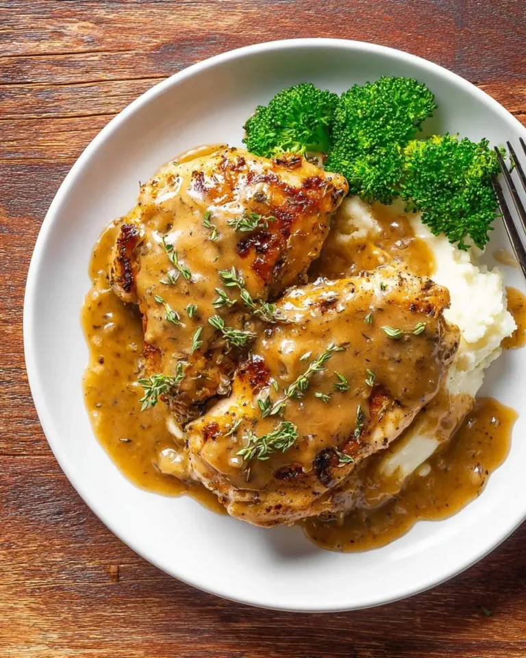 A white plate features two servings of golden-brown Skillet Chicken With Gravy over mashed potatoes, with broccoli and fresh herbs.