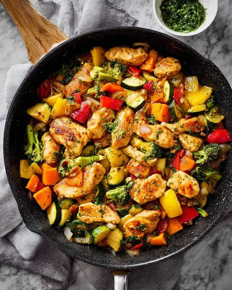 An overhead view of a delicious Skillet Chicken With Vegetables dish, featuring chicken pieces, broccoli, zucchini, bell peppers, sweet potatoes, and onions, garnished with herbs.