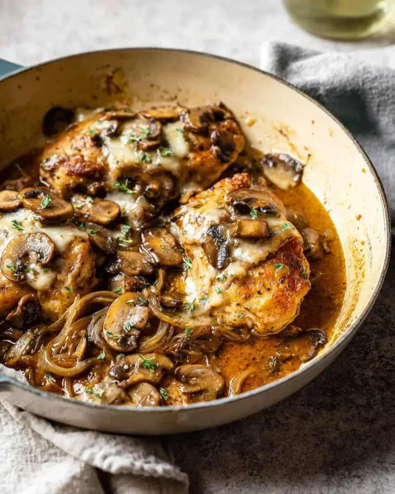 Close-up of golden-brown Skillet French Onion Chicken with Mushrooms and melted cheese, garnished with thyme, in a cast iron pan.