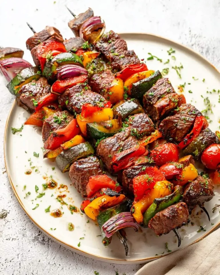 Juicy grilled Skirt Steak Kabobs with colorful bell peppers, zucchini, red onions, and tomatoes, garnished with fresh herbs on a white plate.