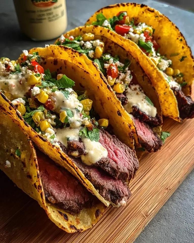 Close-up of four delicious Skirt Steak Tacos on a wooden board, generously garnished with corn, cheese, cilantro, and creamy sauce.