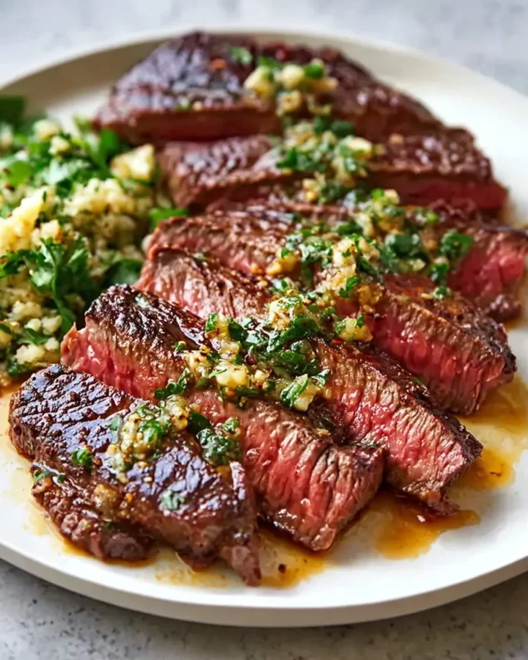 Perfectly cooked and sliced Skirt Steak with Garlic Butter, garnished with fresh herbs, and served with cauliflower rice.